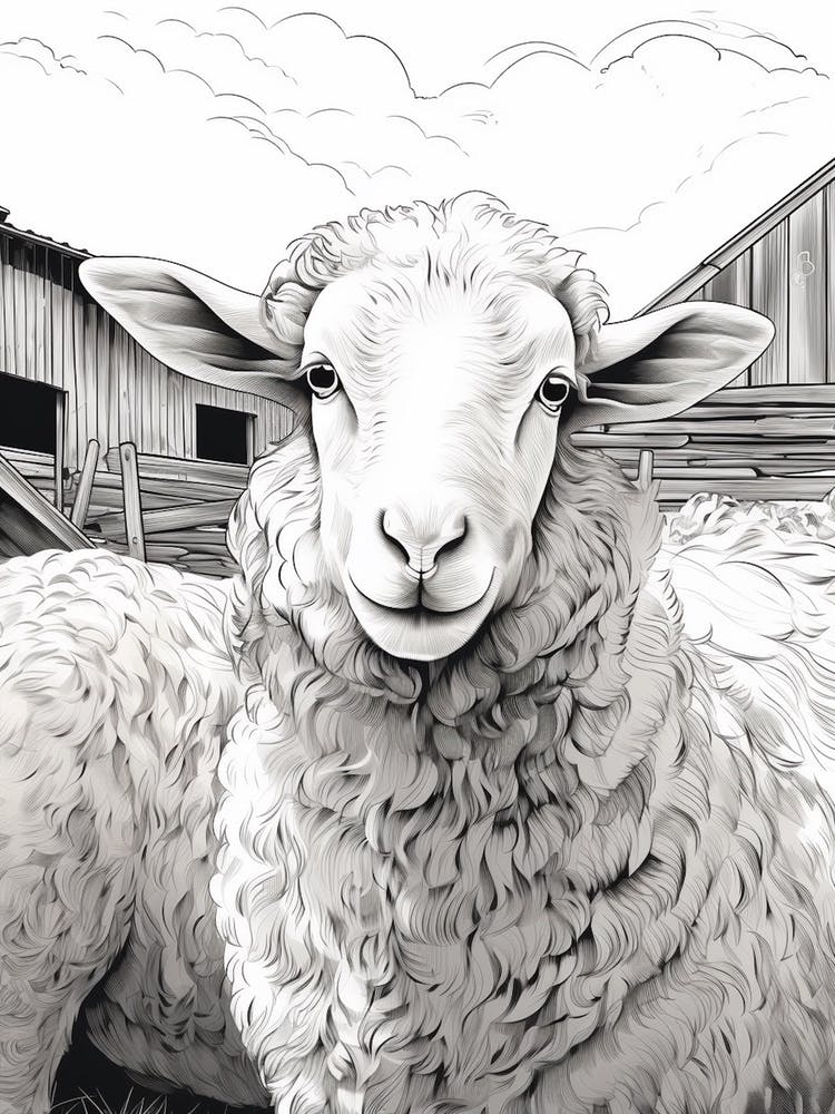 Black & White Illustration Of Highland Sheep In The Barn 2