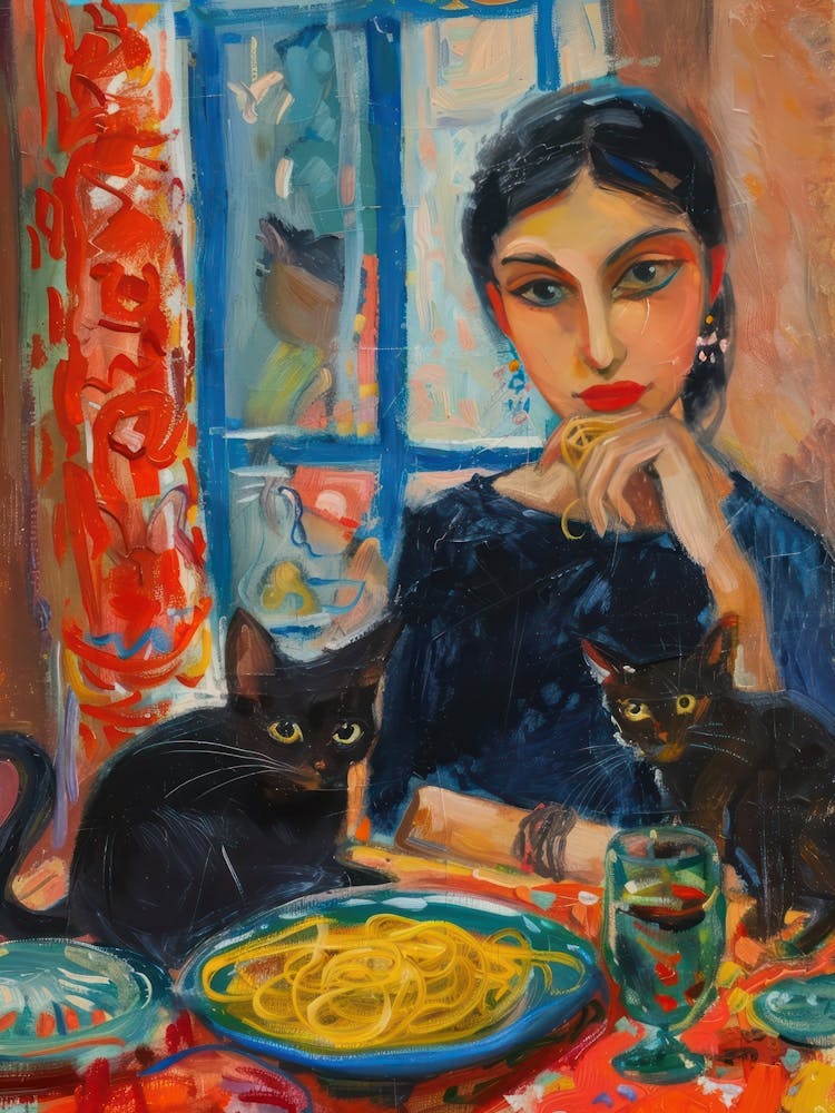 Portrait Of An Italian Woman With Cats Eating Pasta