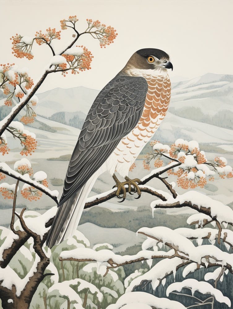 Peinture d'Oiseau Hivernale Épervier d'Europe 3