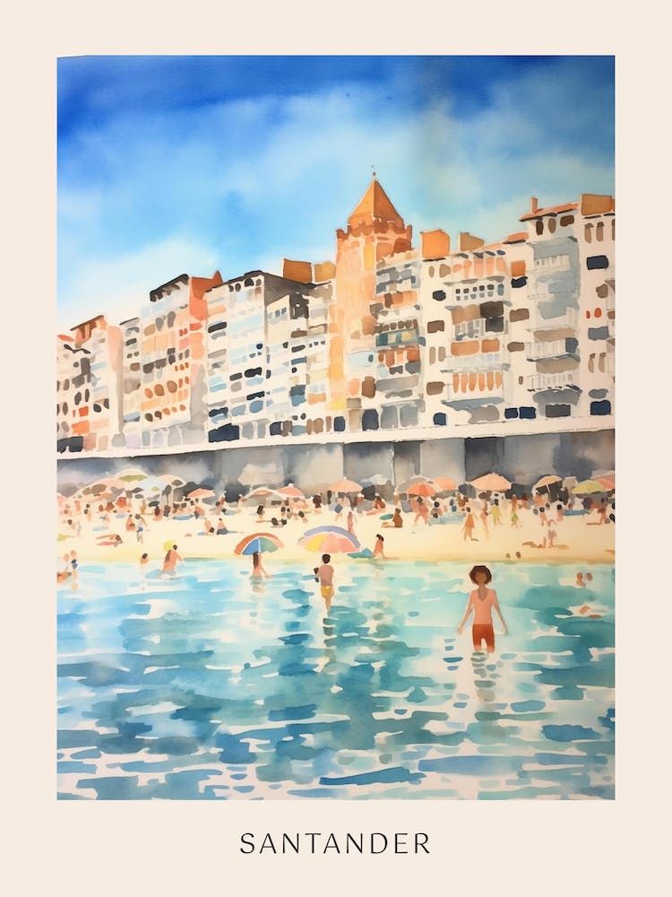 Swimming In Santander Spain Watercolour Poster