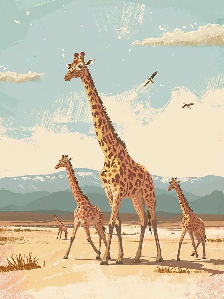 Storybook Style Illustration Of Giraffes In The Nature 2