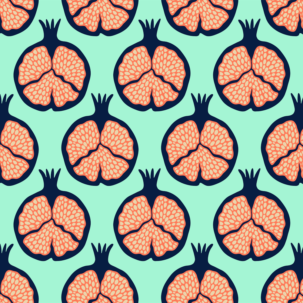 POMEGRANATES Fresh Ripe Plump Fruit in Navy Blue Orange on Mint