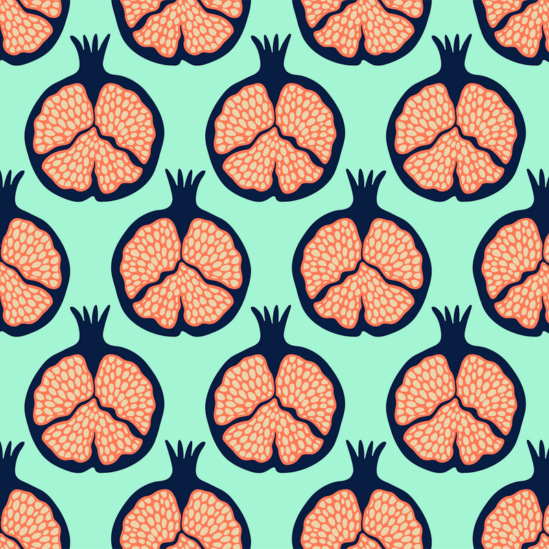 POMEGRANATES Fresh Ripe Plump Fruit in Navy Blue Orange on Mint
