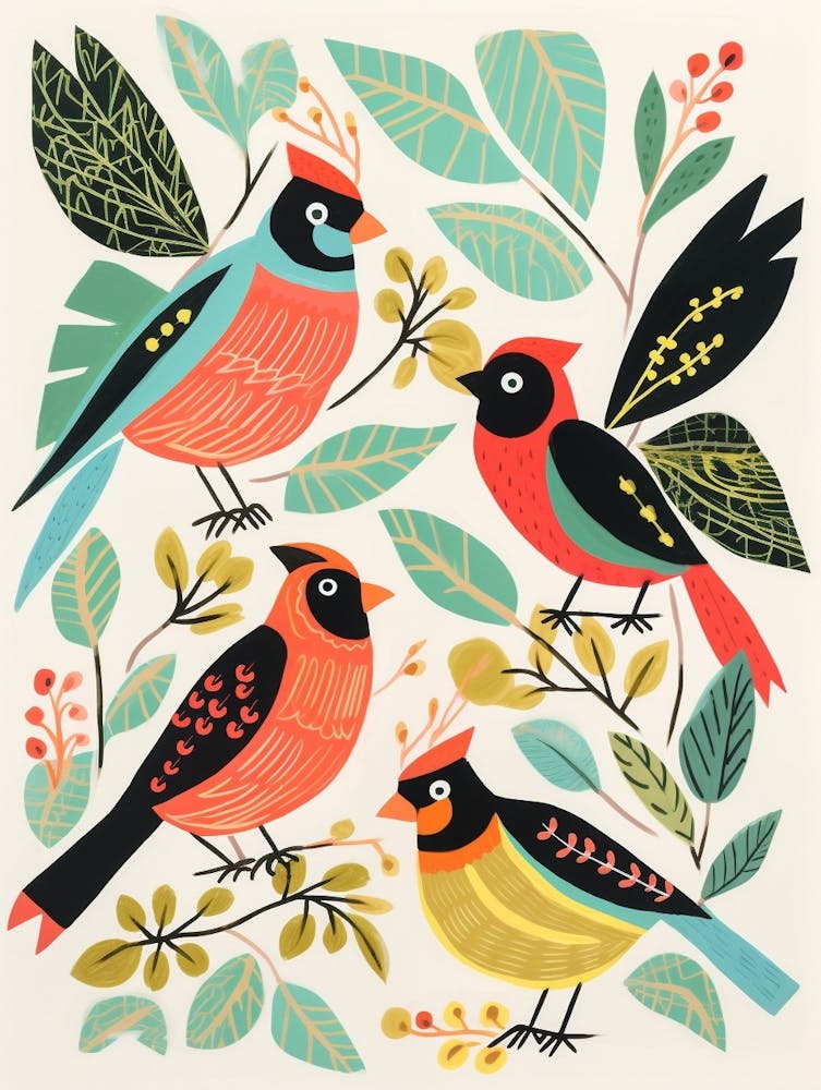 Folk Style Bird Painting Northern Cardinal 2