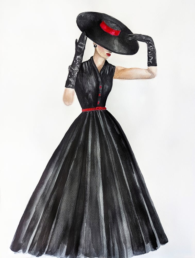 Watercolor illustration of a woman in a hat and black vintage dress 1