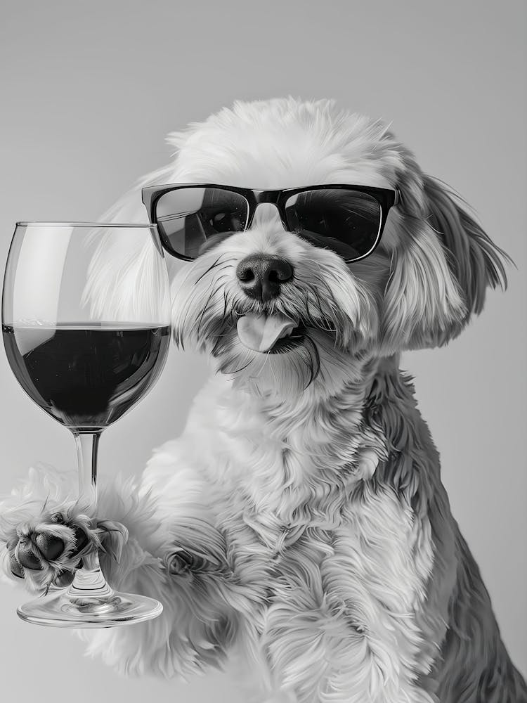 Maltipoo Drinking Wine Wall Art, Black And White Print, Maltipoo Bar Cart Print, Dog Gift, Funny Dog Poster, Bar Decor, Kitchen Decor