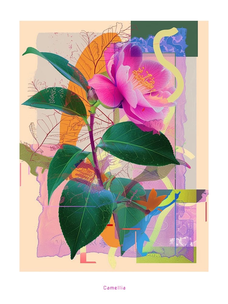 Camélia 1 Affiche Collage Fleur Néon