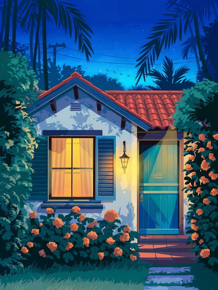 Anime Canvas Art: Cozy Tropical House with Glowing Window, Red-Tiled Roof, and Dense Jungle, Perfect for Lofi Aesthetic and Tranquil Nature Lovers.