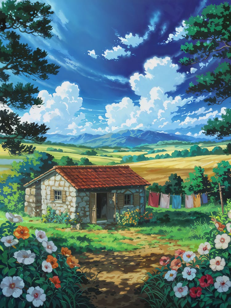 Anime-Leinwandkunst: Idyllische Landschaft mit rustikalem Haus, blühenden Blumen und majestätischen Bergen, perfekt für Lofi-Ästhetik und Naturliebhaber.
