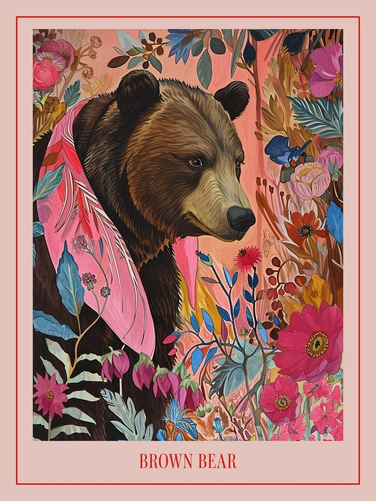 Floral Animal Painting Brown Bear 1 Poster