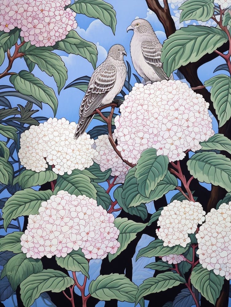 Hortensia et Oiseaux 1 Botanique Japonaise Vintage