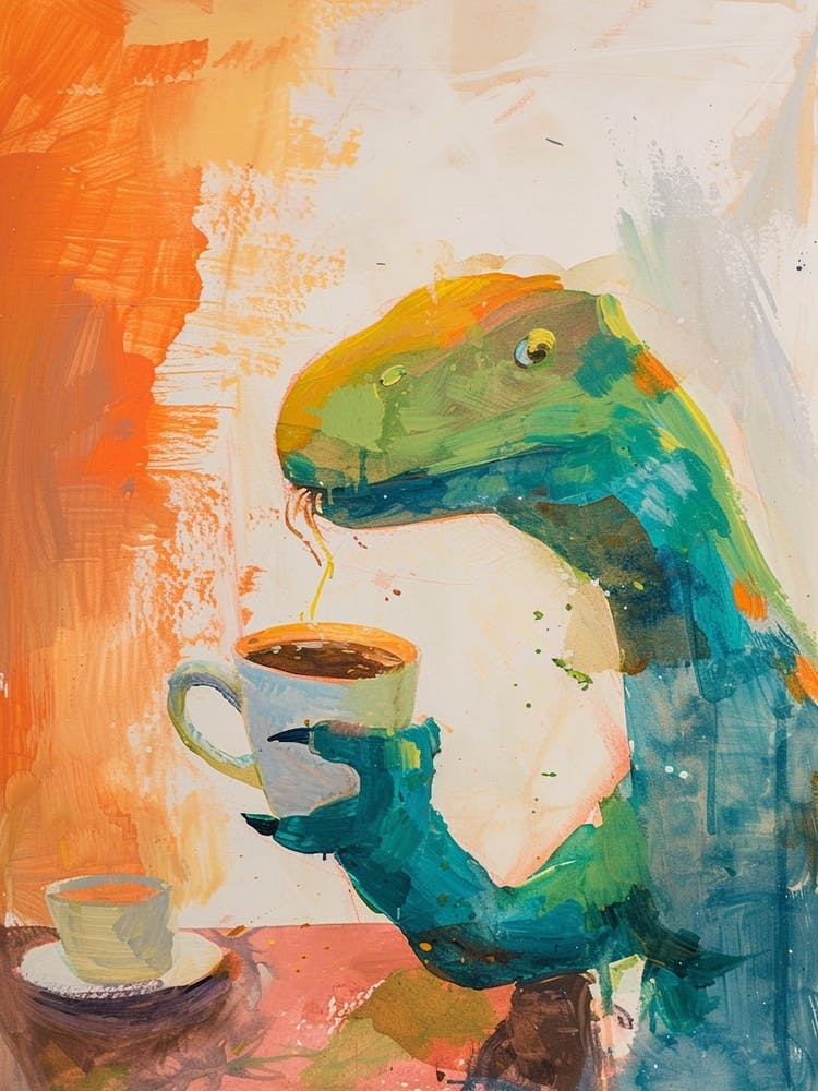 Dinosaur Drinking Coffee Orange Brushstroke 1