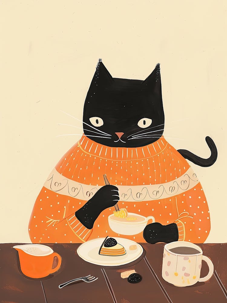 Black And Orange Cat Having Breakfast Folk Illustration 2
