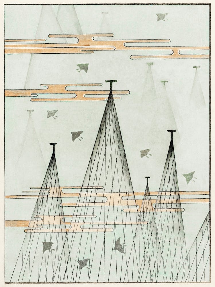 Skyscape With Birds Flying Illustrastion, Shin Bijutsukai