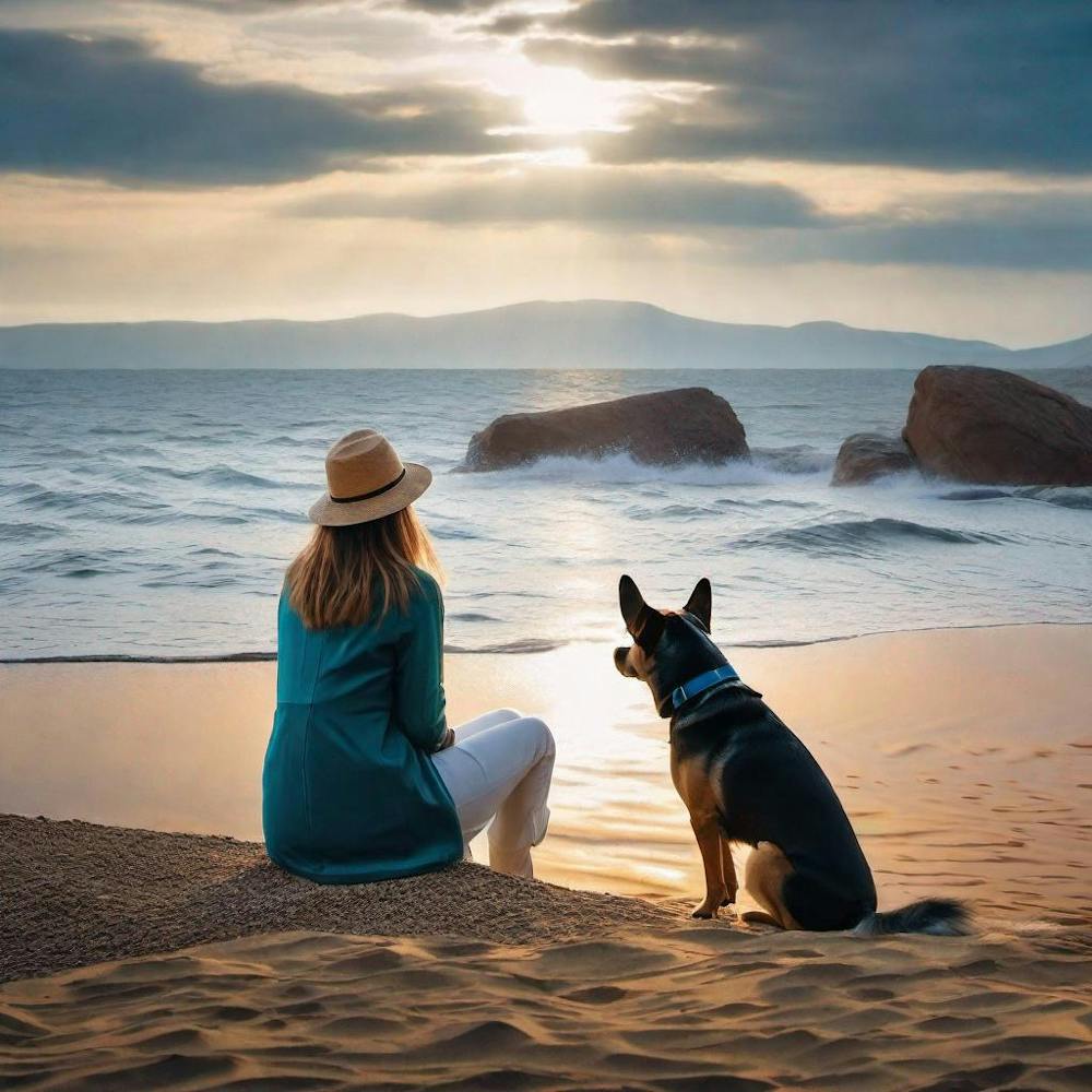 Frau und Hund am Strand
