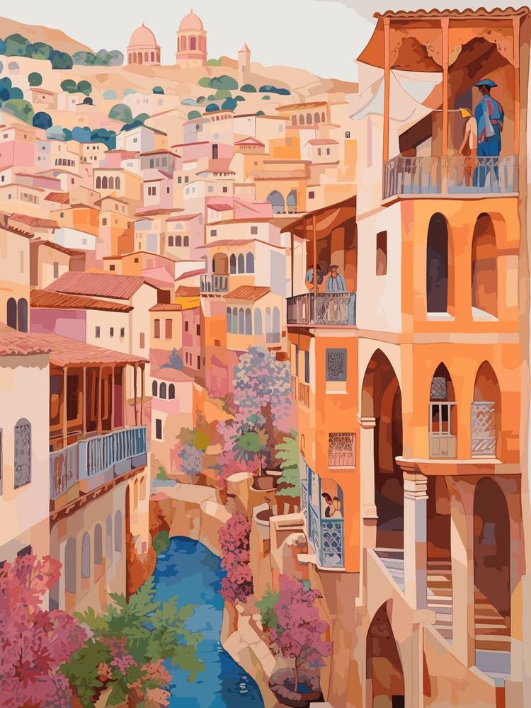 Granada Spain 1 Vintage Pink Travel Illustration