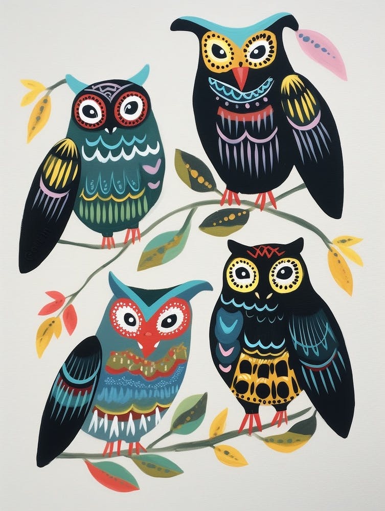 Vogelgemälde im Folk-Stil Eule 1