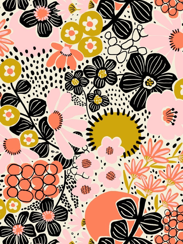 Asian Florals Pink Orange Black White Abstract Pattern