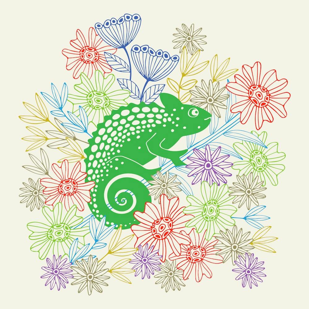 CHAMELEONS JUST WANNA HAVE FUN Cute Rainforest Reptile Line-Drawing Floral in Jungle Green Red Purple Blue Yellow