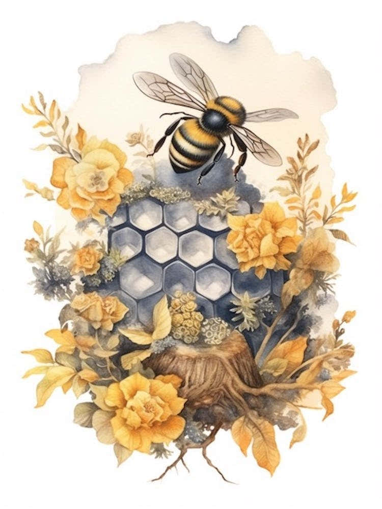 Mountain Bumble Bee Beehive Watercolour Illustration 3