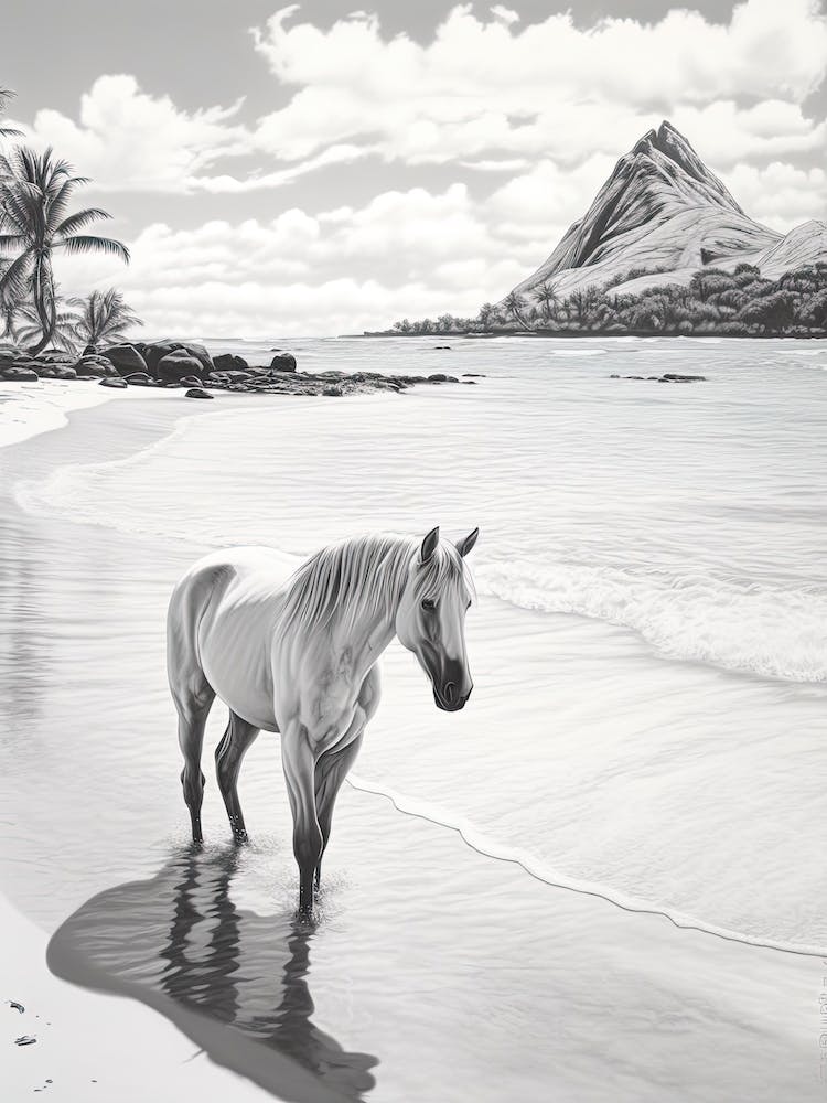 A Horse Oil Painting In Lanikai Beach Hawaii, Usa, Portrait 3