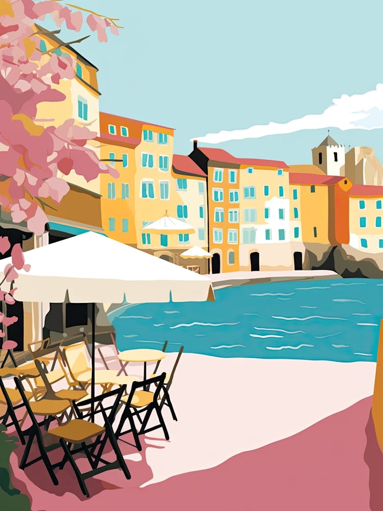 Collioure, France, Flat Pastels Tones Illustration 2