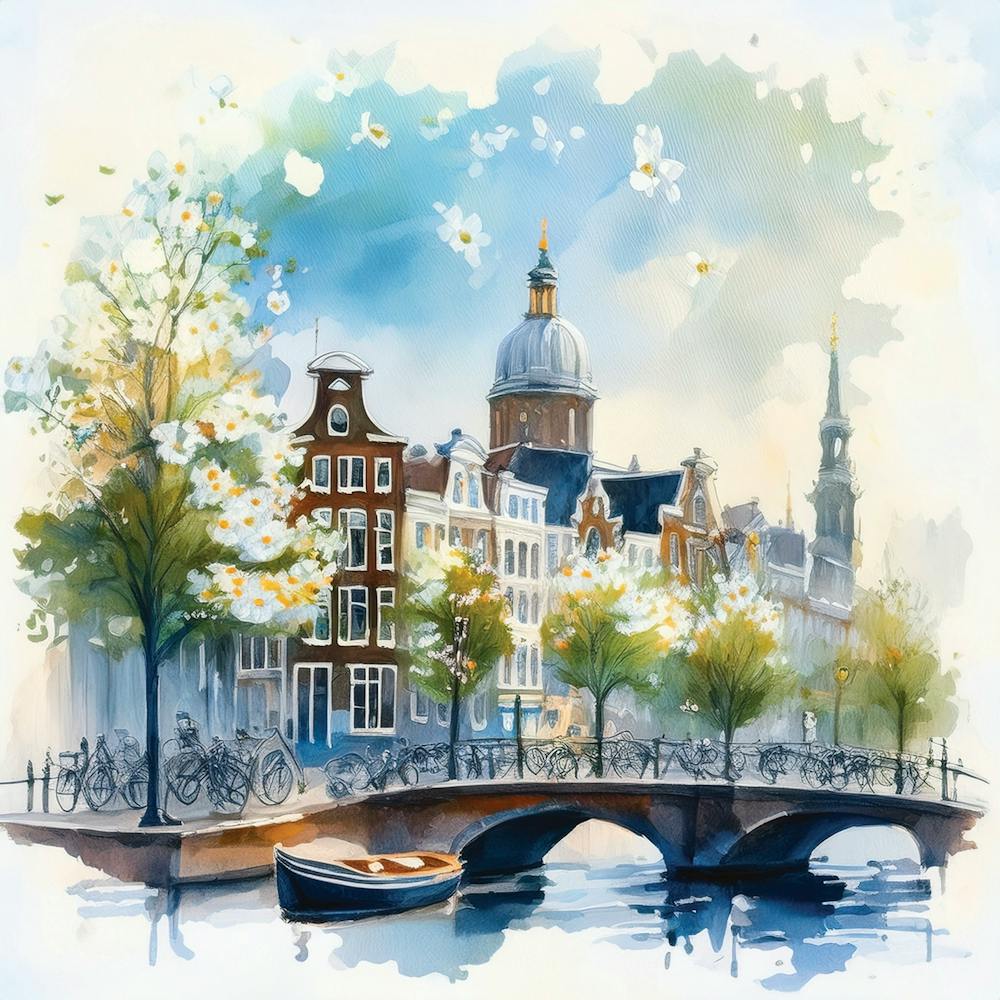 Amsterdam cafes, spring season, spring oil paintings, pedestrians on the street, spring clothes, Amsterdam print, Netherlands print, travel gift, Netherlands poster.15