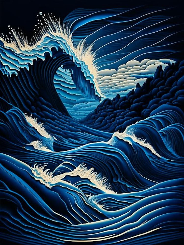 Rushing Water In Deep Blue Sea Water Waterscape Retro Illustration 2