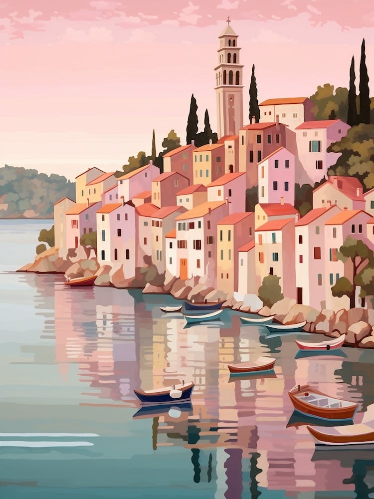 Rovinj Croatia 2 Vintage Pink Travel Illustration