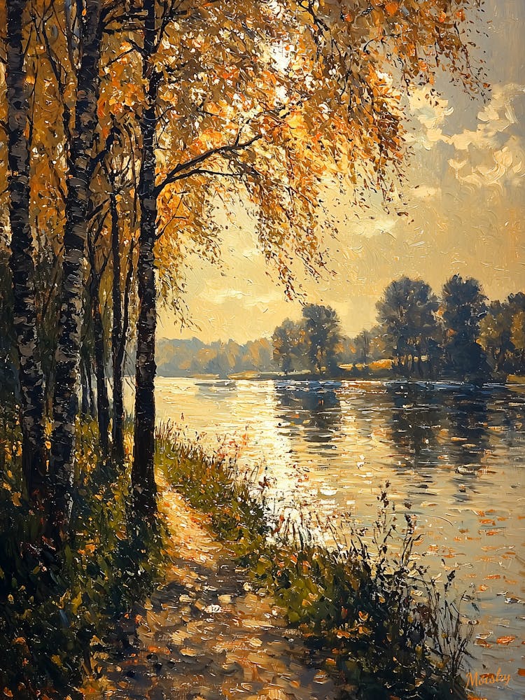 Birch Trees By The River, Impressionist Oil Painting – Inspired by Monet