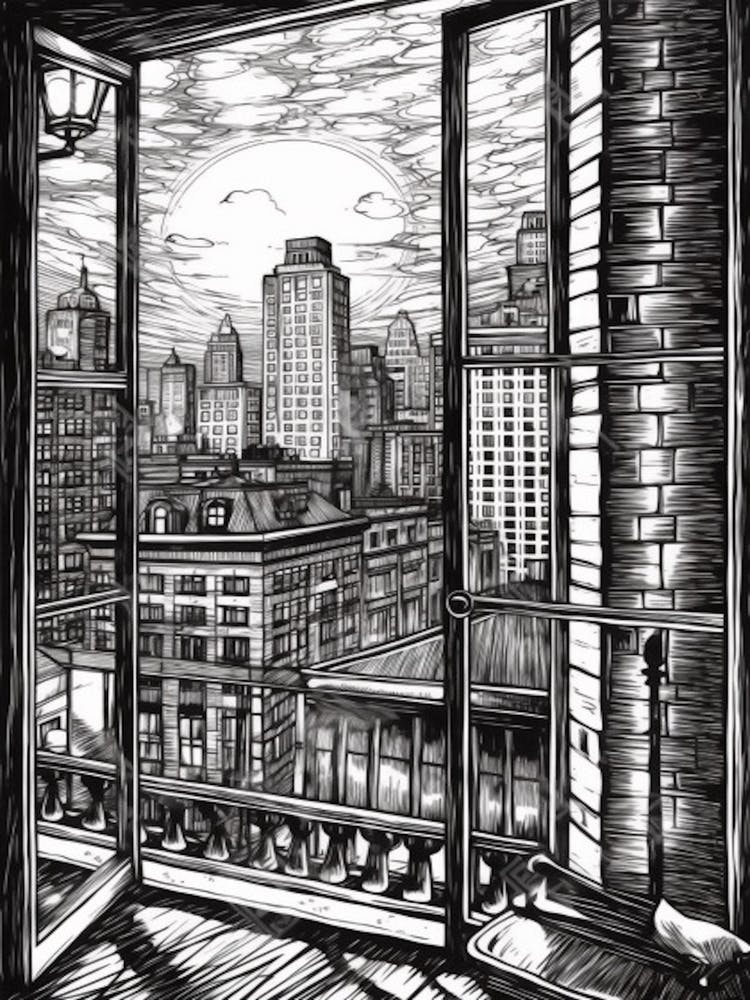 A Window View Of New York In The Style Of Black And White  Line Art 2