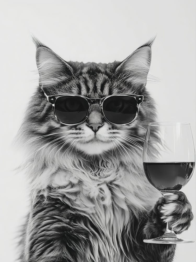 Maine Coon Cat Drinking Wine Wall Art, Black And White Print, Bar Cart Print, Cat Owner Gift, Funny Cat Poster, Bar Decor, Kitchen Decor