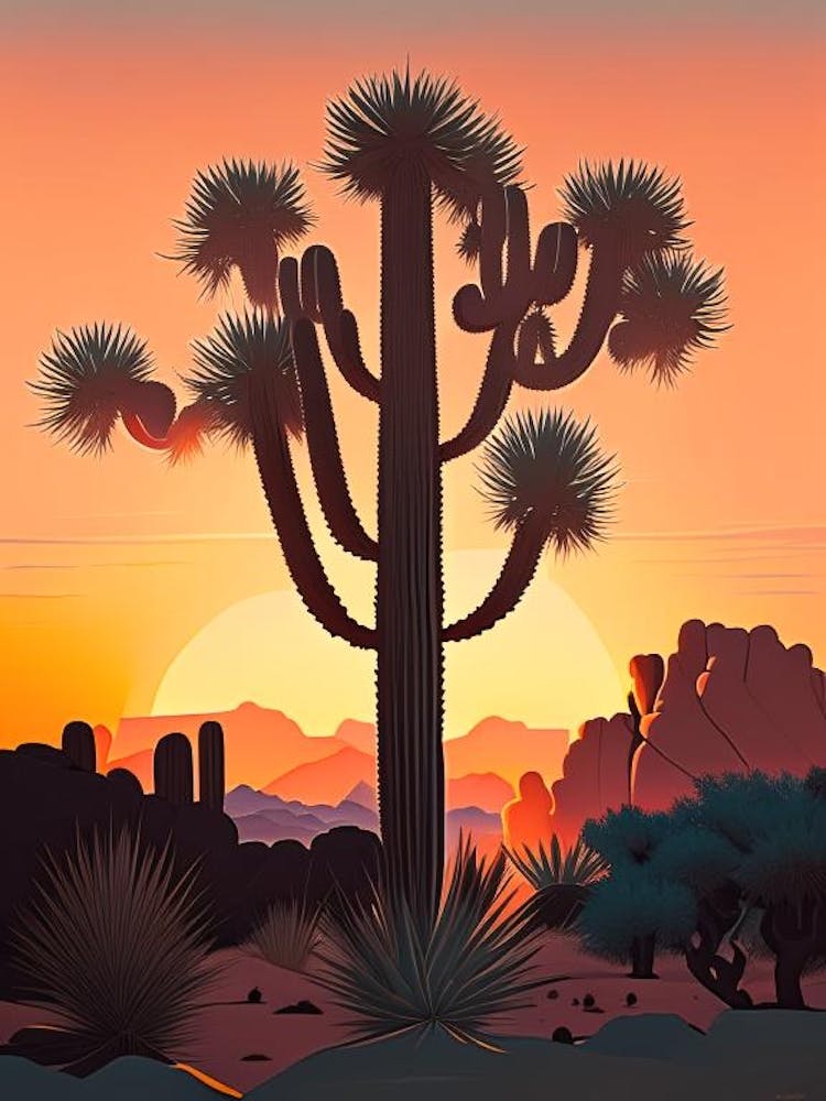 Joshua Trees At Dawn In Desert Retro Illustration (3)