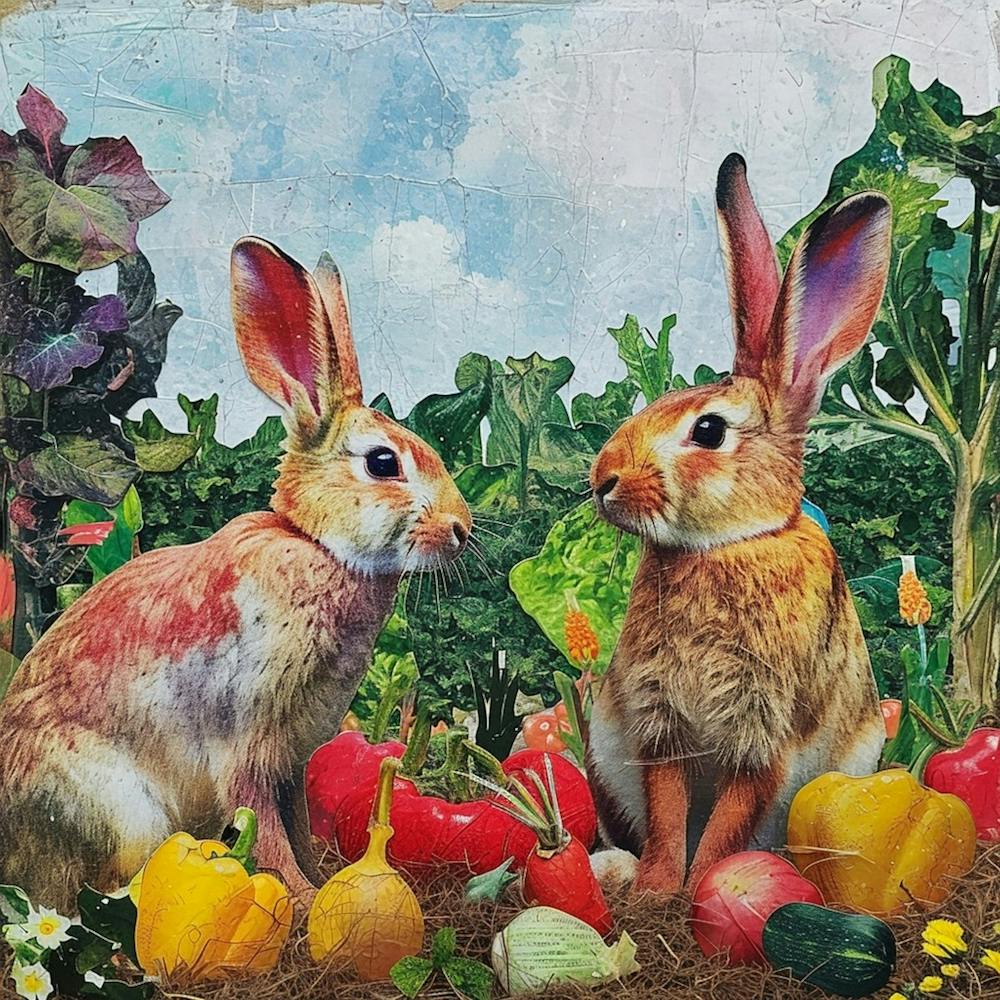 Kitsch Rabbits Surrounded By Vegetables