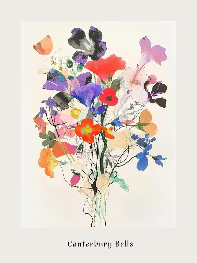 Affiche Bouquet de Fleurs Collage Campanules de Canterbury