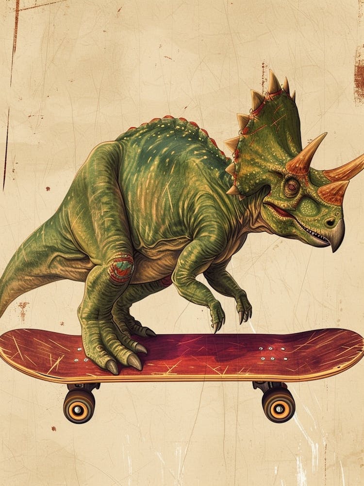 Vintage Triceratops Dinosaur On A Skateboard  1