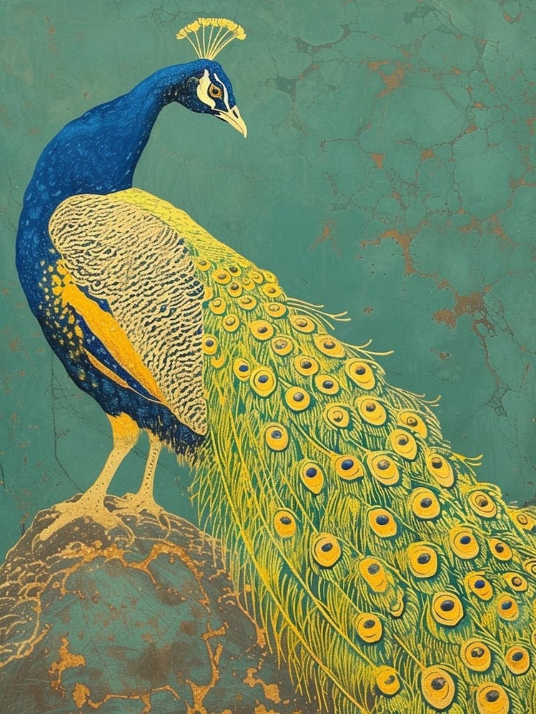 Blue Mustard Peacock Portrait On A Rock 2