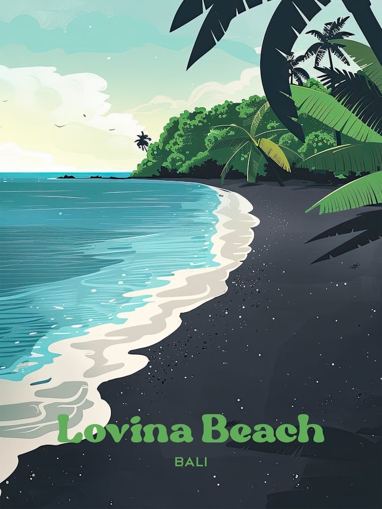 Lovina Beach Bali Black Sand Digital Travel Illustration