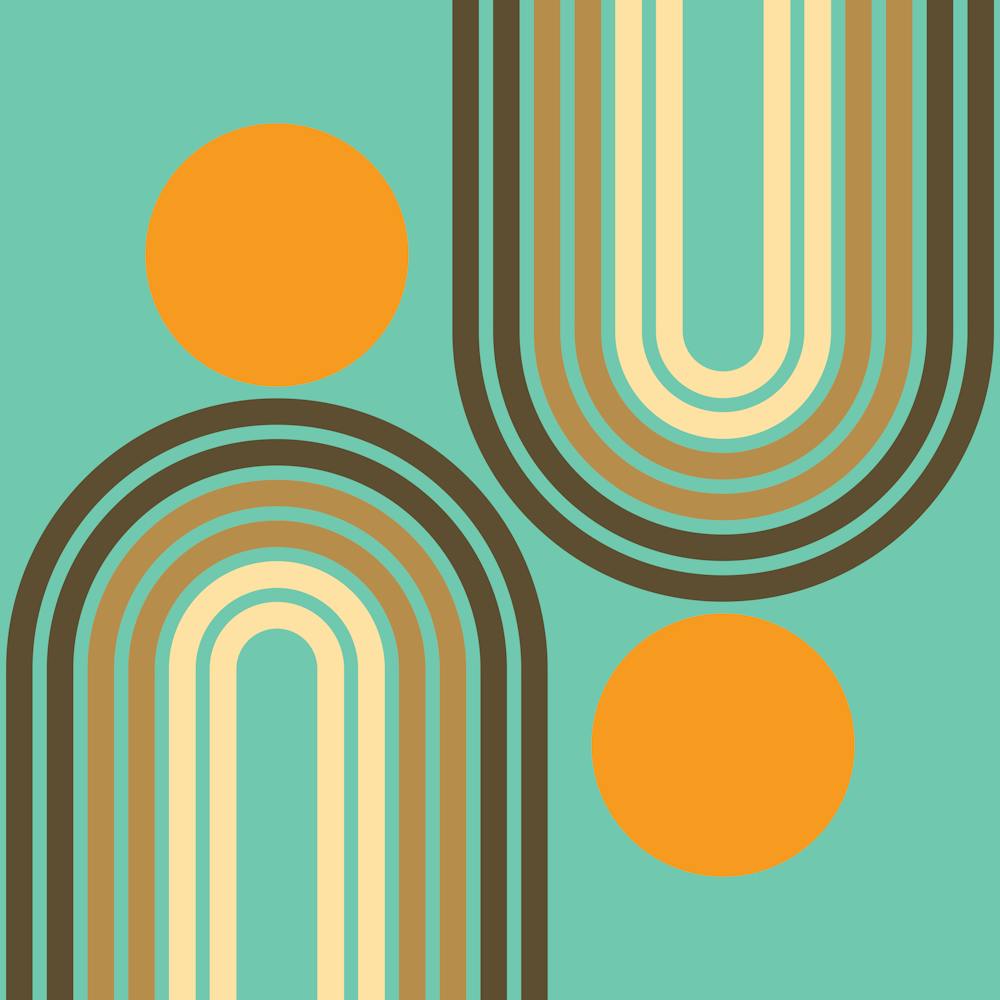 Mid Century Modern Geometric Rainbow And Sun Abstract A17 In Teal Brown Orange 02