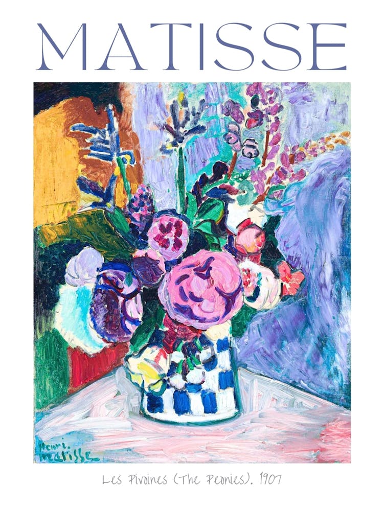 Henri Matisse The Peonies 1907 in HD Les Pinoines Rarer Poster Print by Matisse Still Life Blue and Pink Vibrant Feature Wall Decor by Famous Abstract Impression Artist Fully Remastered