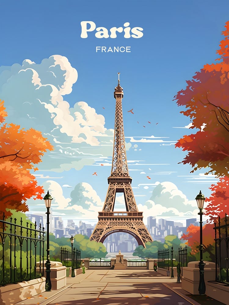 Paris France Autumn Travel Art Illustration