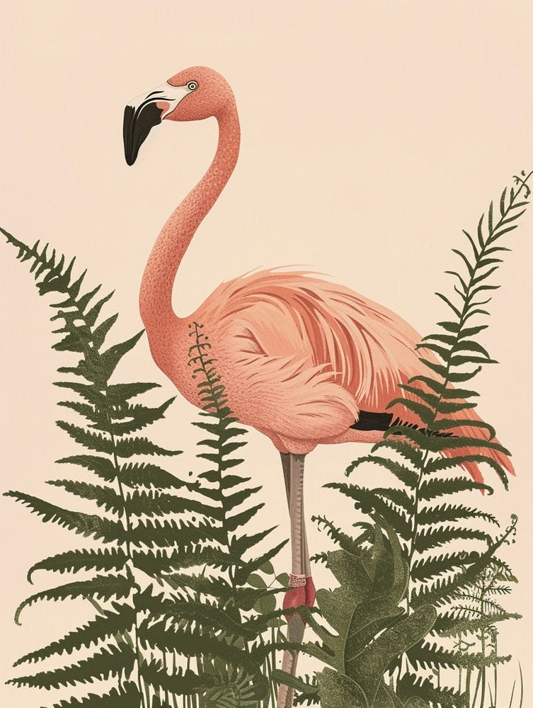 Jamess Flamingo And Ferns Minimalist Illustration 1