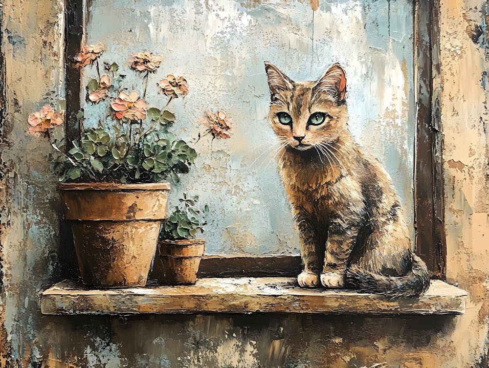 Cat In Window With Flowers 26