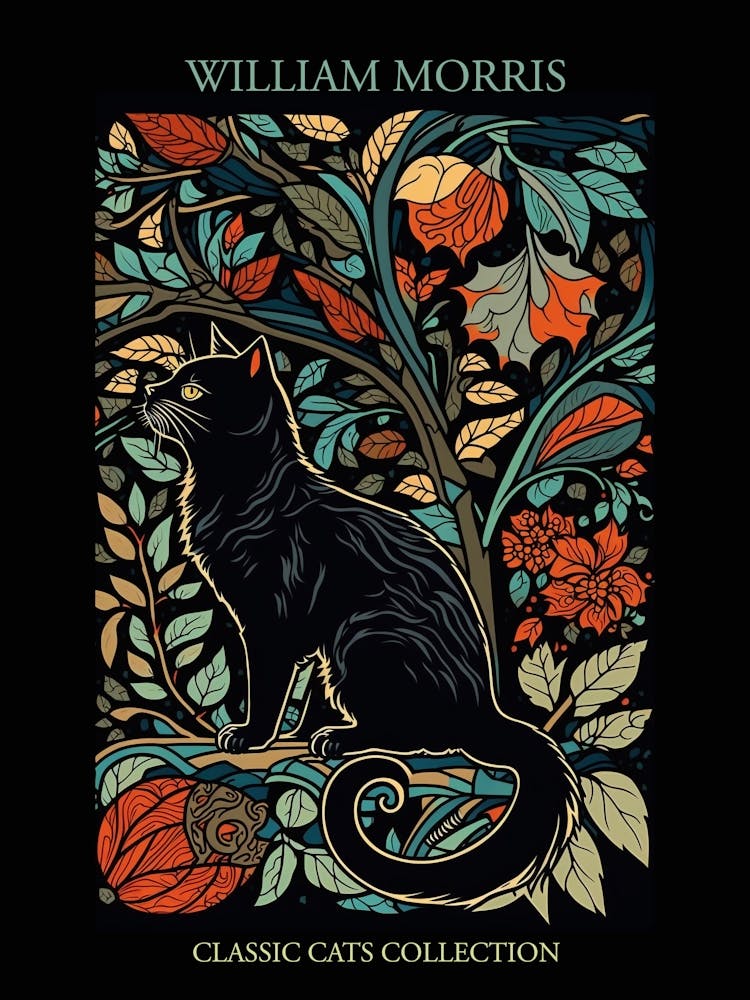 William Morris  Style Cats Collection Black Background