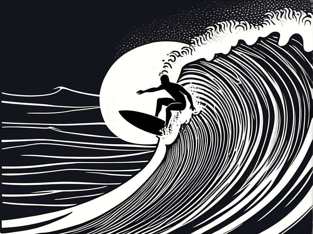 Linocut Black And White Surfer On A Wave art, surfing art, 264