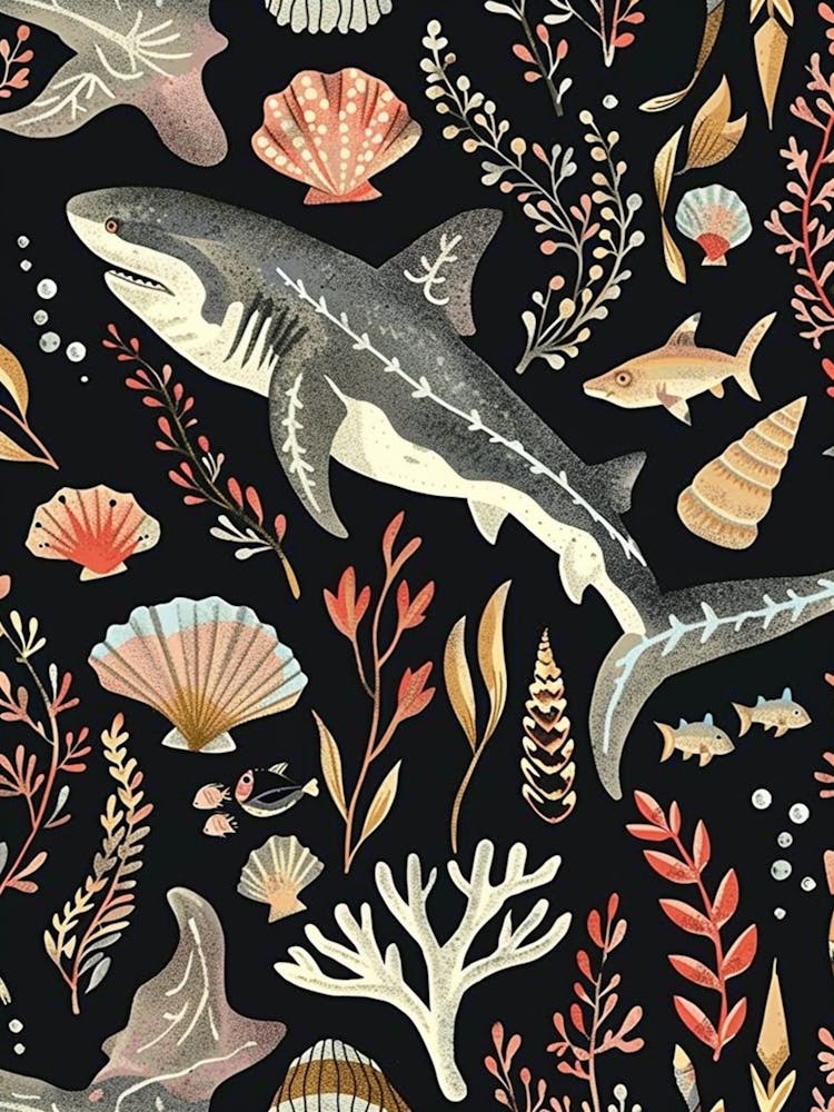 Shark Seascape Black Background Illustration 2