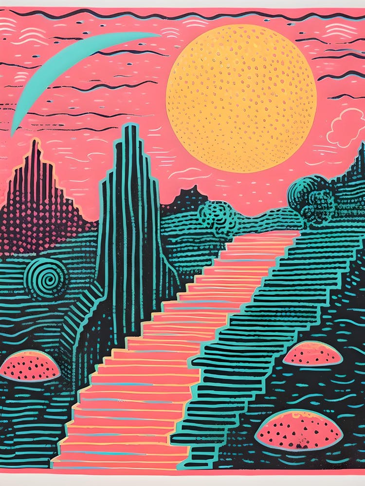 Vibrant Surreal Risograph Style Landscape 2, Alien