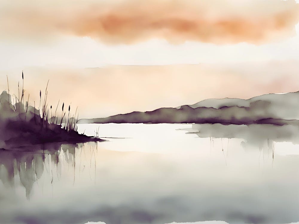 Sleeping sea at sunset, waterlolour