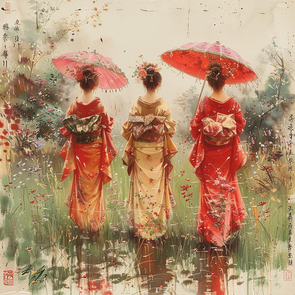 Three Geishas - Japanese vintage art, abstract art, abstract painting  city wall art, colorful wall art, home decor, minimal art, modern wall art, wall art, wall decoration, wall print colourful wall art, decor wall art, digital art, digital art download,