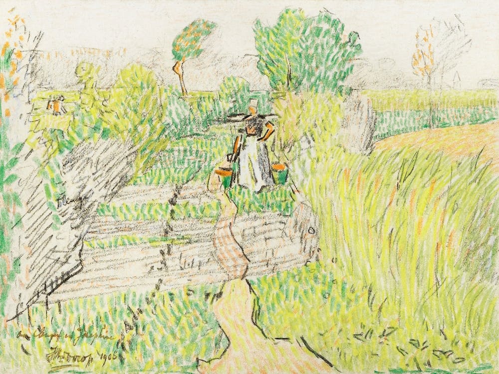 Peasant Woman With Milk Buckets On Her Shoulders, Walking Through A Wheat Field, Jan Toorop